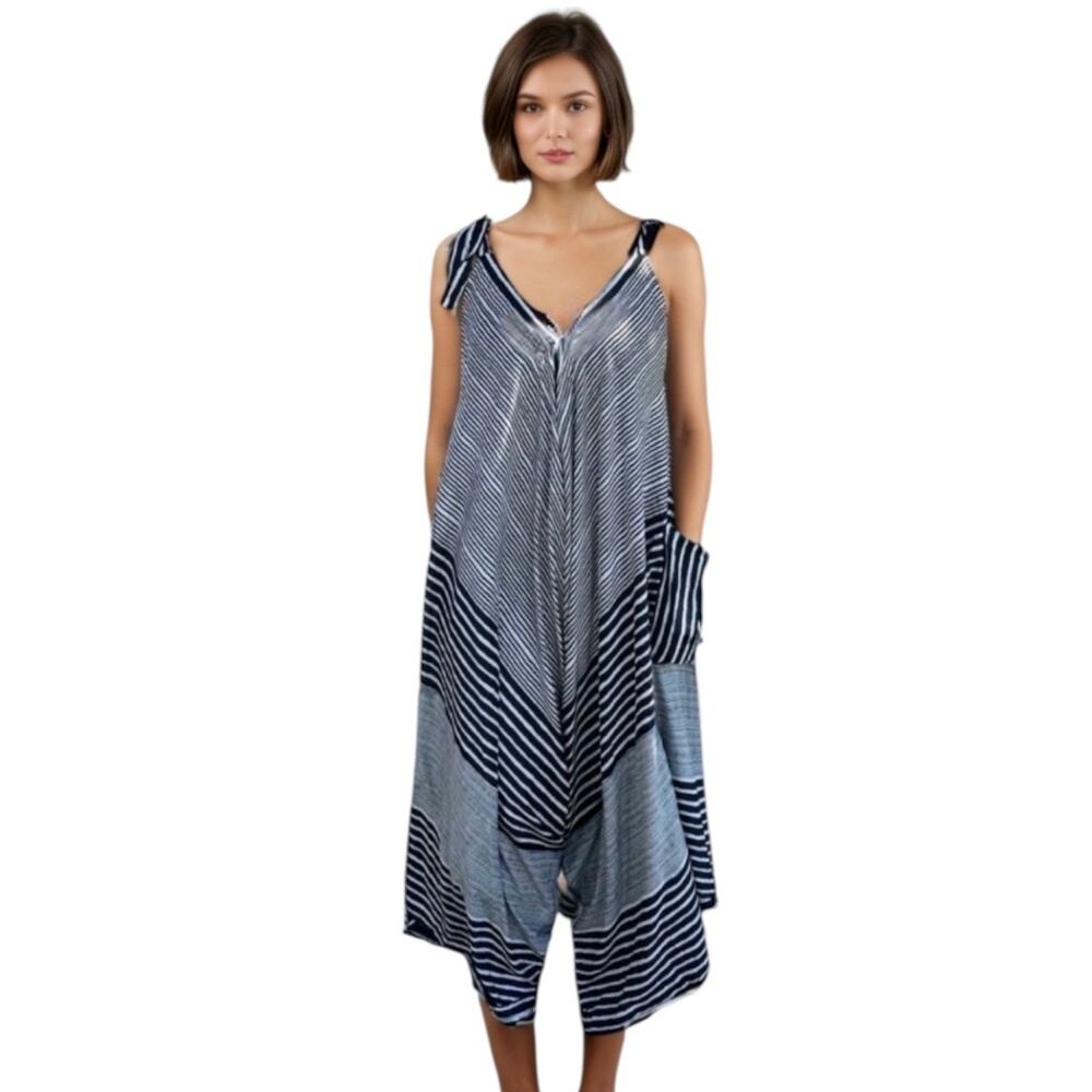 Navy blue striped harem jumpsuit boho summer beachy coverup hippie one size